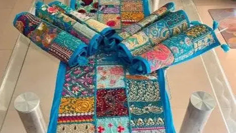 Blue Ethnic Patchwork Table Runner Set for Royal Home Décor, Boho Style