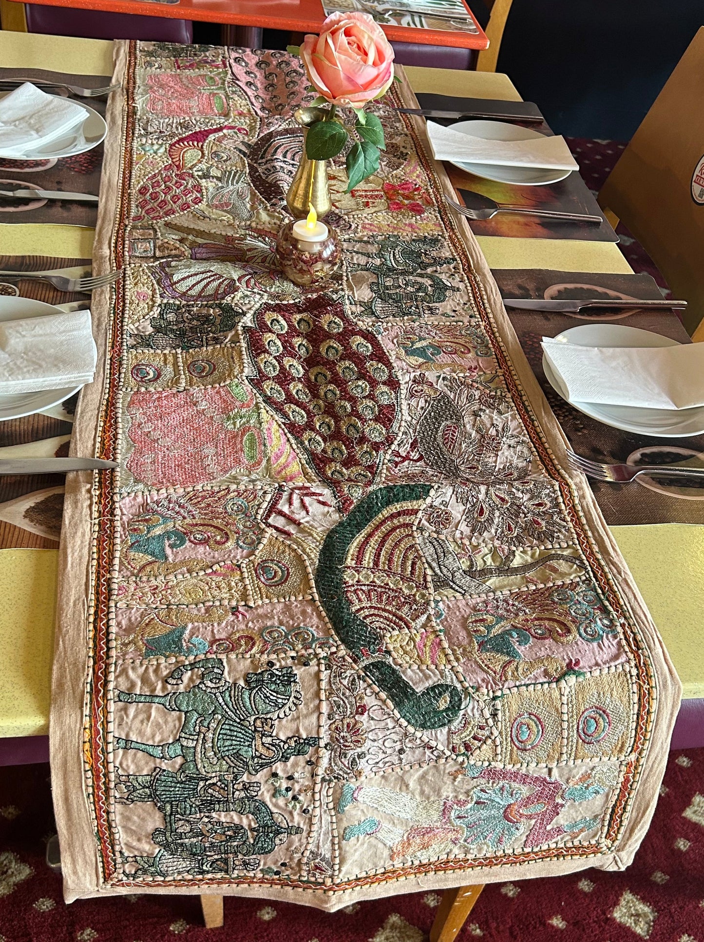 Peacock Design Ethnic Patchwork Table Runner for Royal Home Décor, Boho Style