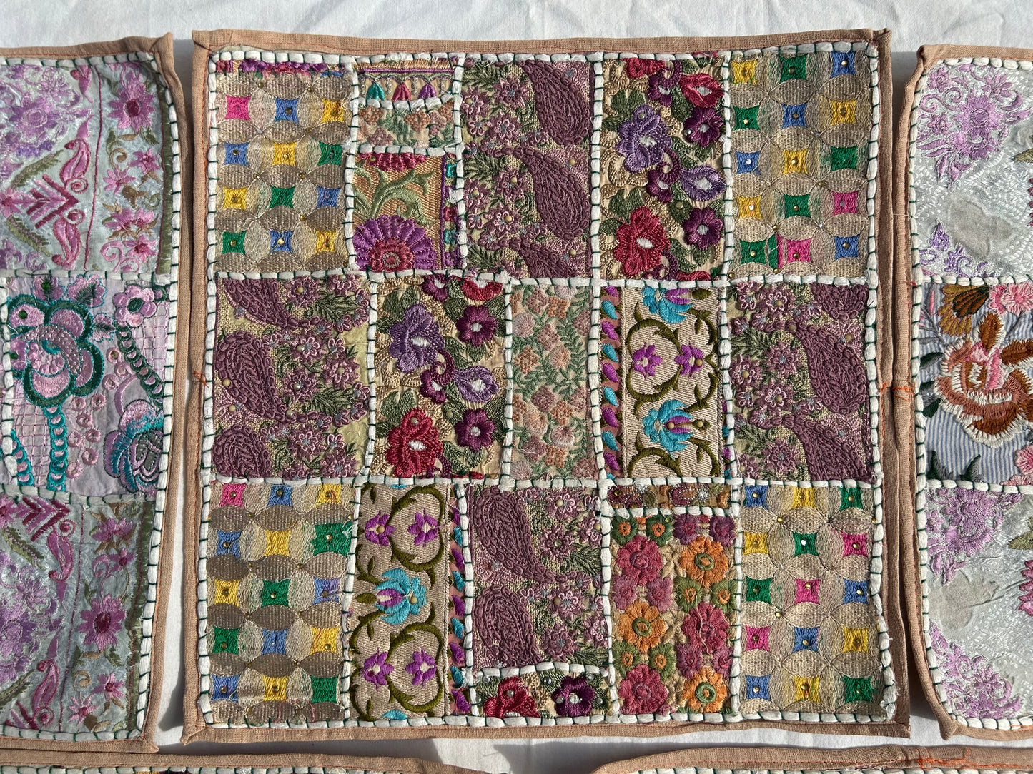 Ethnic Beige boarder Embroidered & Patchwork Pillow Covers, Set of 5