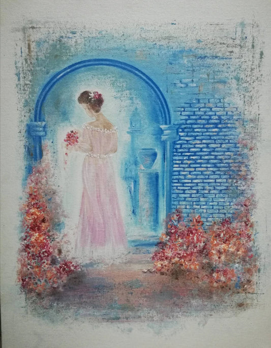 A Girl Dreaming in Flower Garden, Acrylic on Canvas Painting