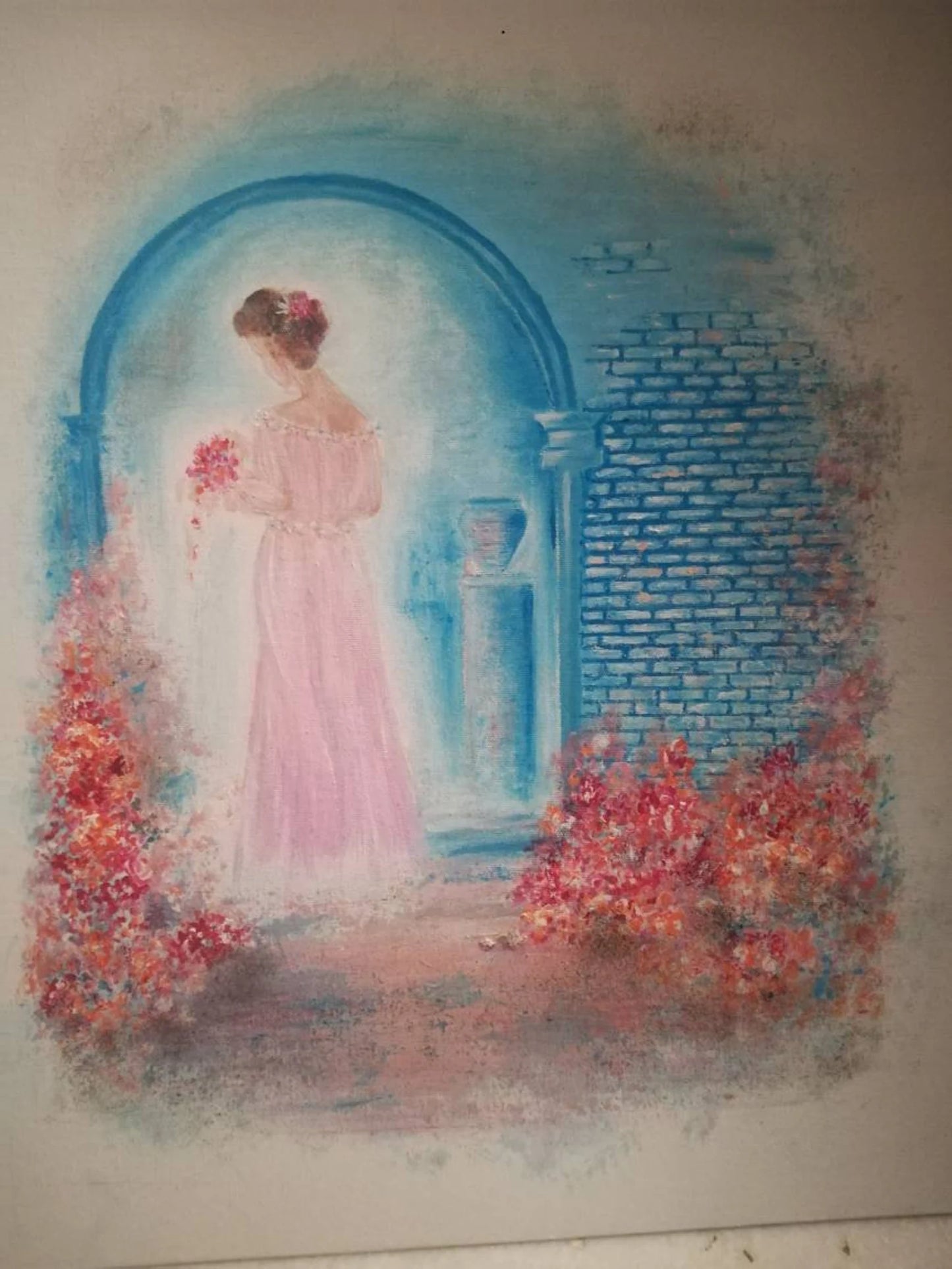 A Girl Dreaming in Flower Garden, Acrylic on Canvas Painting