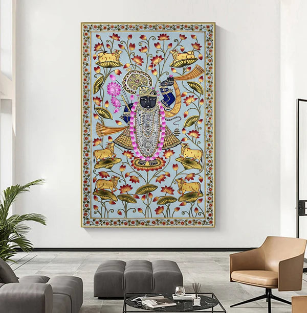 Stone Color Based Shrinathji in Lotus Pond, Handmade Pichwai Painting
