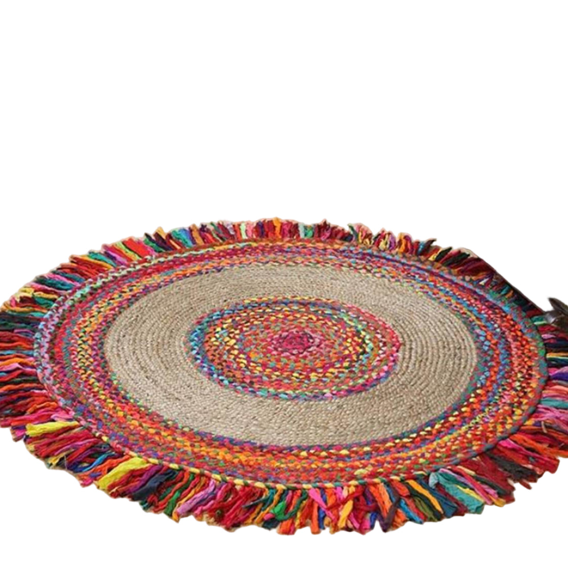Round colorful braided rug on a wooden floor with a window in the background