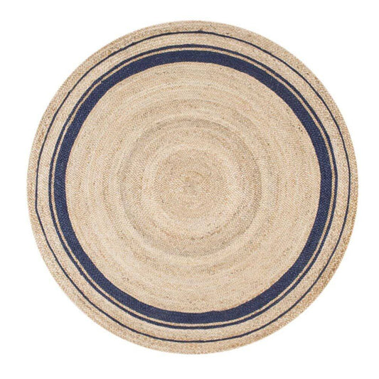 Round jute rug with blue border on a white background