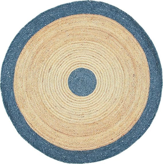 Blue & Beige Color Bohemian Natural Round Jute Rug - Hand-Woven, Eco-Friendly