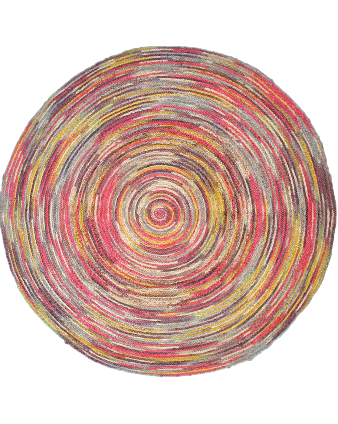 Round multicolored rug with concentric circle pattern on a wooden floor