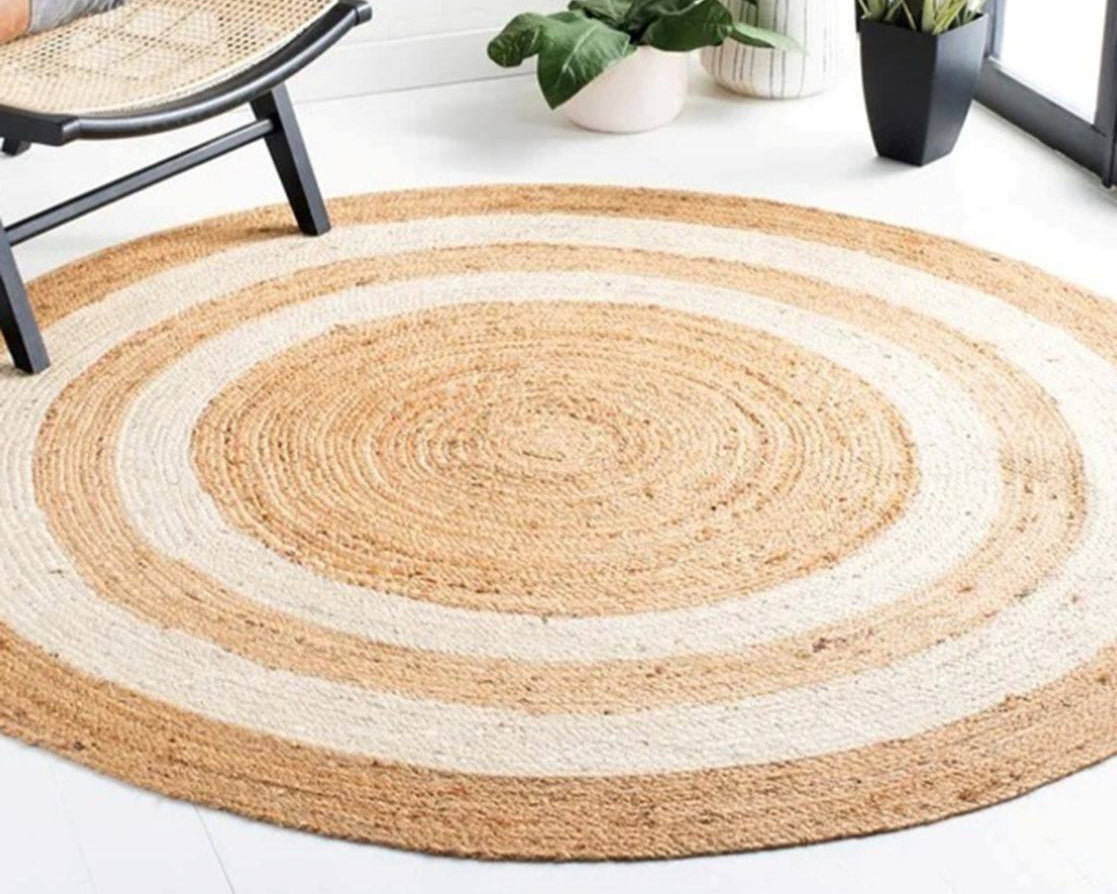 White & Beige Color Bohemian Handmade Jute Round Designer Center Rug For Unique Home Décor