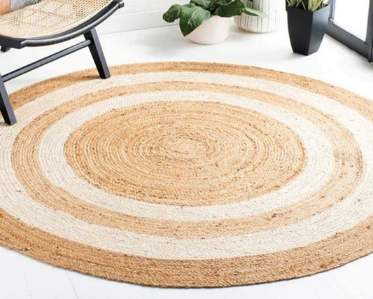 White & Beige Color Bohemian Handmade Jute Round Designer Center Rug For Unique Home Décor