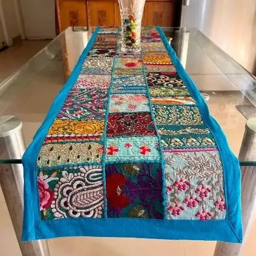 Blue Ethnic Patchwork Table Runner Set for Royal Home Décor, Boho Style