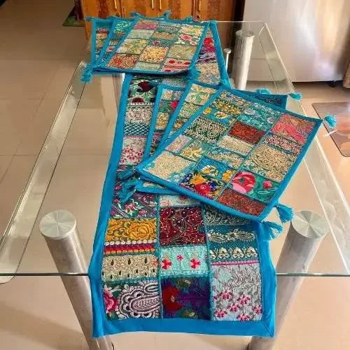 Blue Ethnic Patchwork Table Runner Set for Royal Home Décor, Boho Style