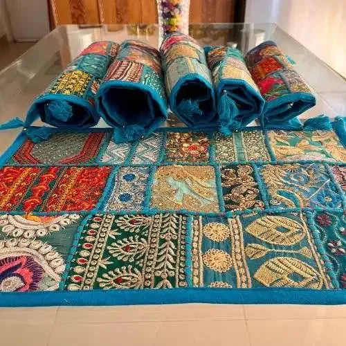 Blue Ethnic Patchwork Table Runner Set for Royal Home Décor, Boho Style