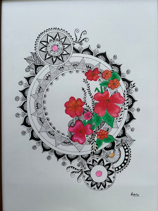 The Mandala Art on Paper using Auspicious colors with Floral Trends