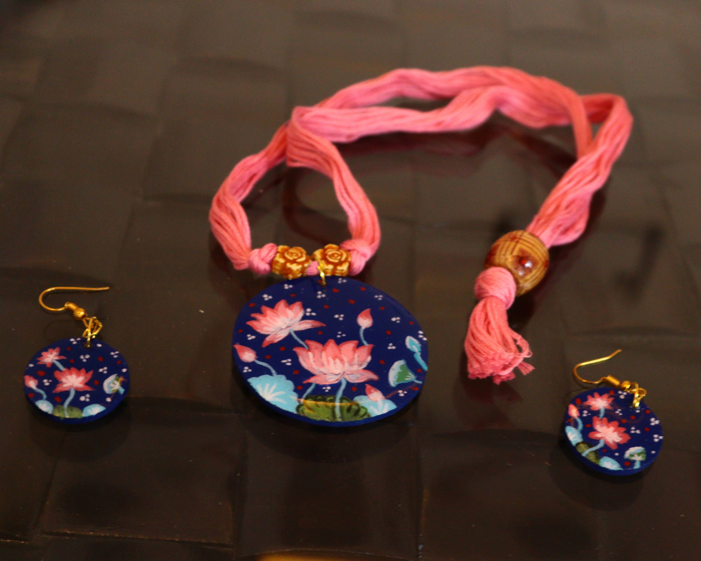Artistic Hand Painted Light Weight Spiritual Lotus Jewellery Set