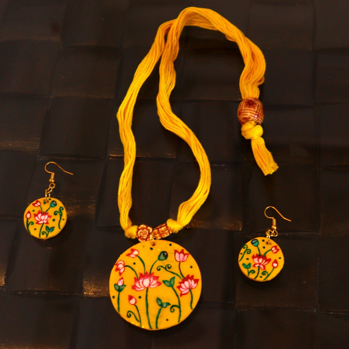 Yellow Hand Painted Light Weight Spiritual Lotus Jewellery Set