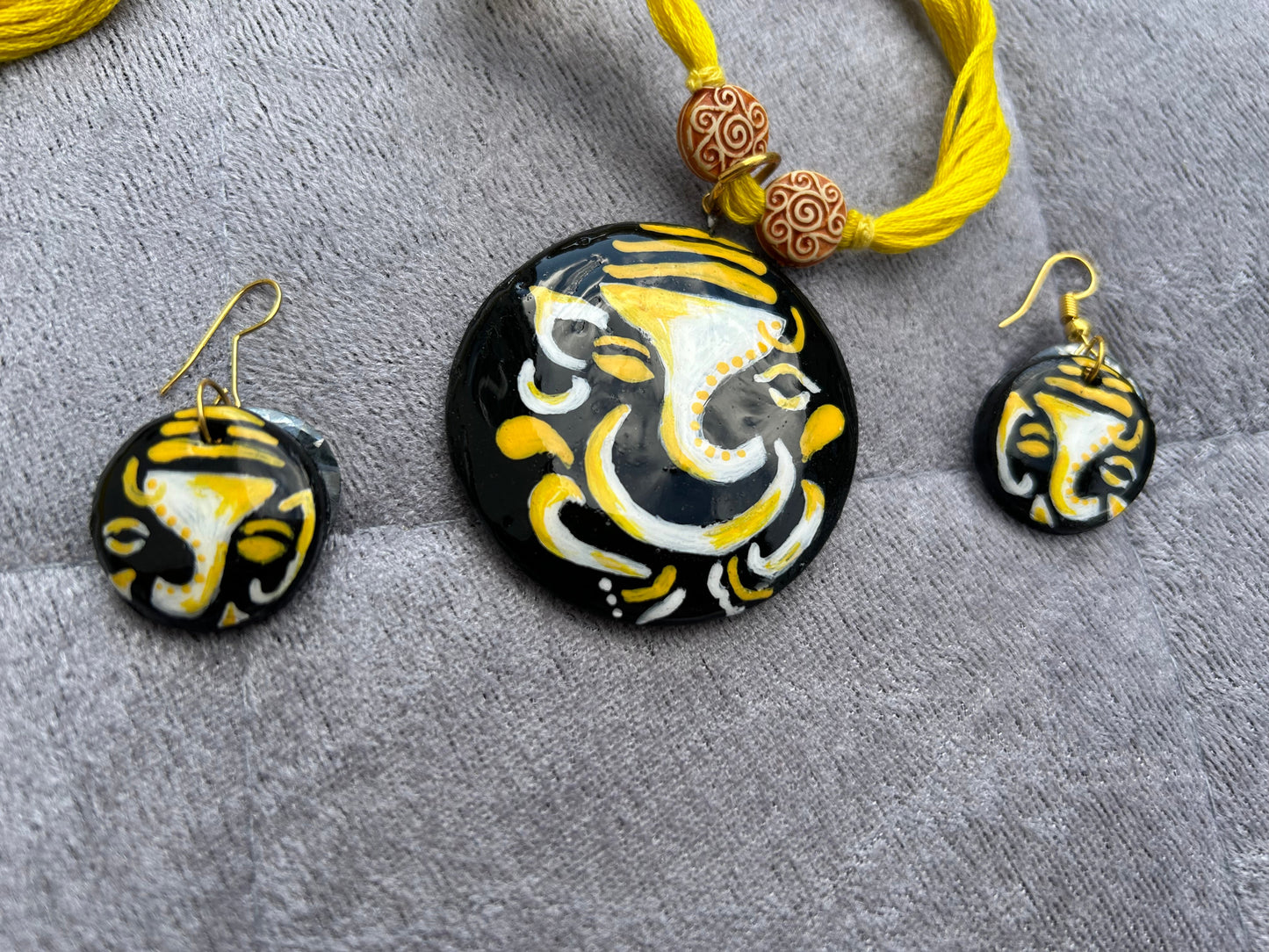 Artistic Hand Painted Spiritual Yellow Ganesha Clay Jewellery Set