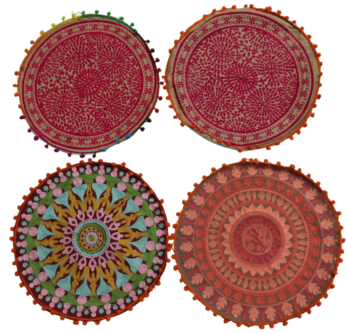 Ethnic Fine Colors Embroidery Round Pillow Covers for Splendid Home Décor, Set of 4
