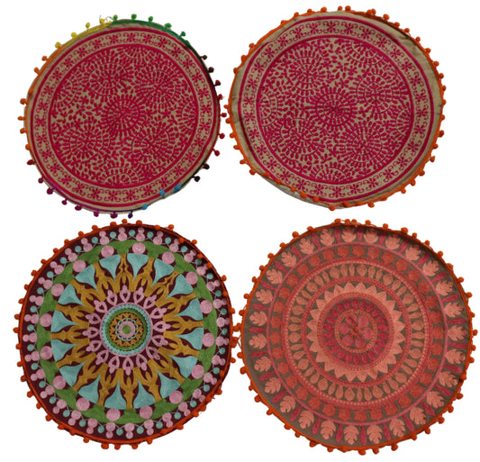 Ethnic Fine Colors Embroidery Round Pillow Covers for Splendid Home Décor, Set of 4