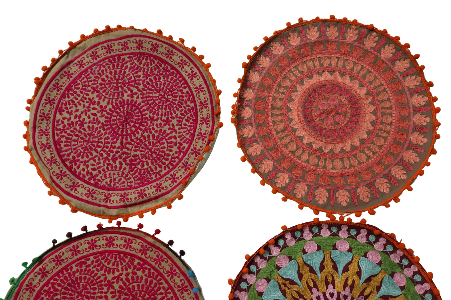 Ethnic Fine Colors Embroidery Round Pillow Covers for Splendid Home Décor, Set of 4