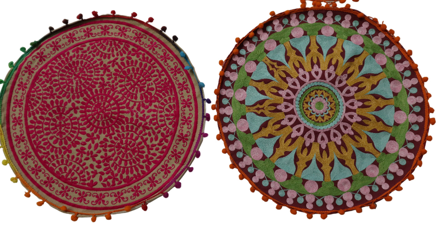 Ethnic Fine Colors Embroidery Round Pillow Covers for Splendid Home Décor, Set of 4