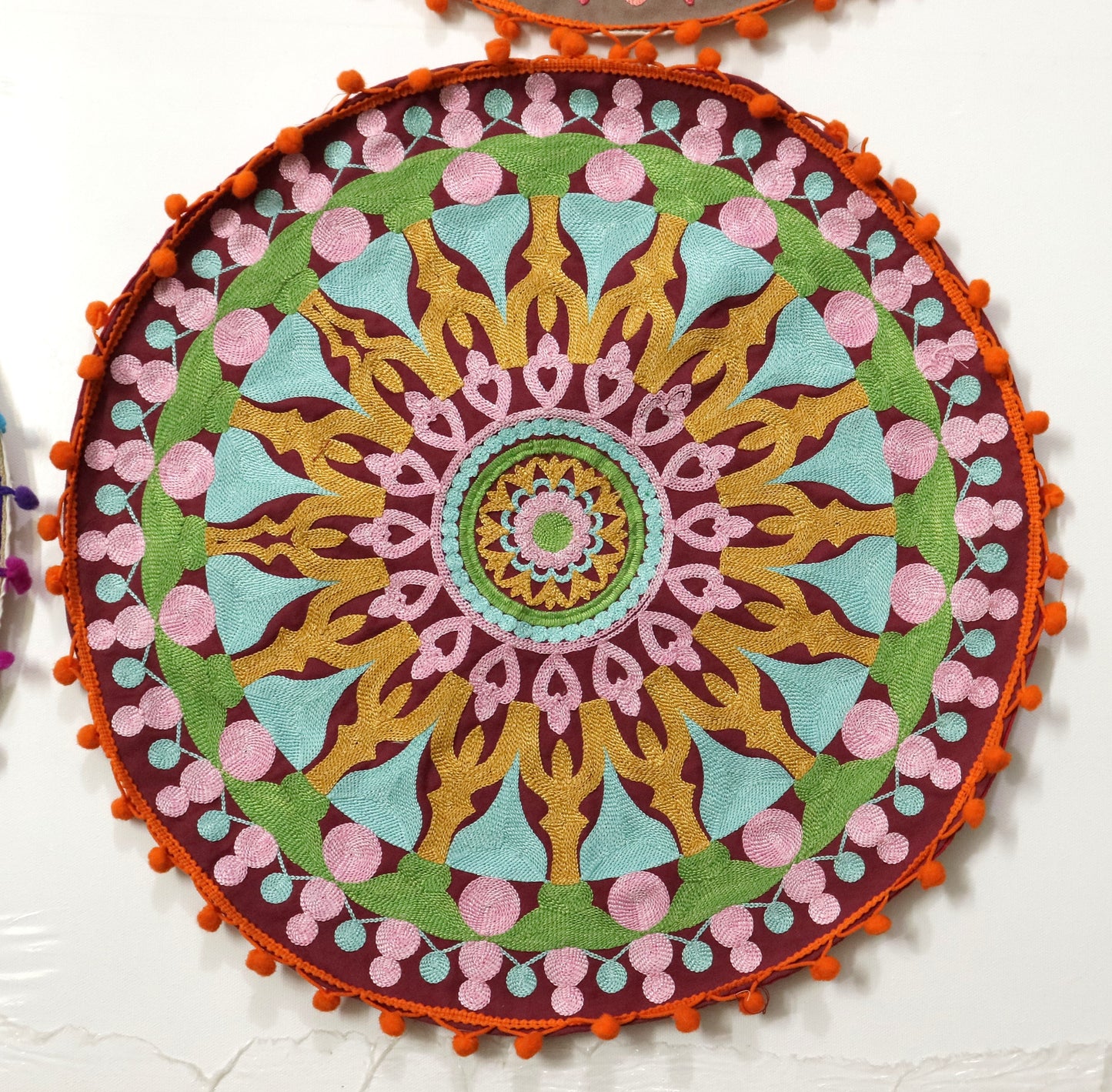 Ethnic Fine Colors Embroidery Round Pillow Covers for Splendid Home Décor, Set of 4