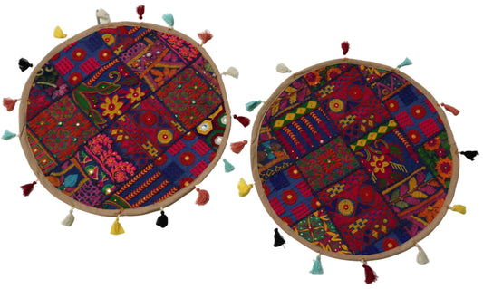 Ethnic Fine Colors Embroidery Round Pillow Covers for Regal Home Décor, Set of 2