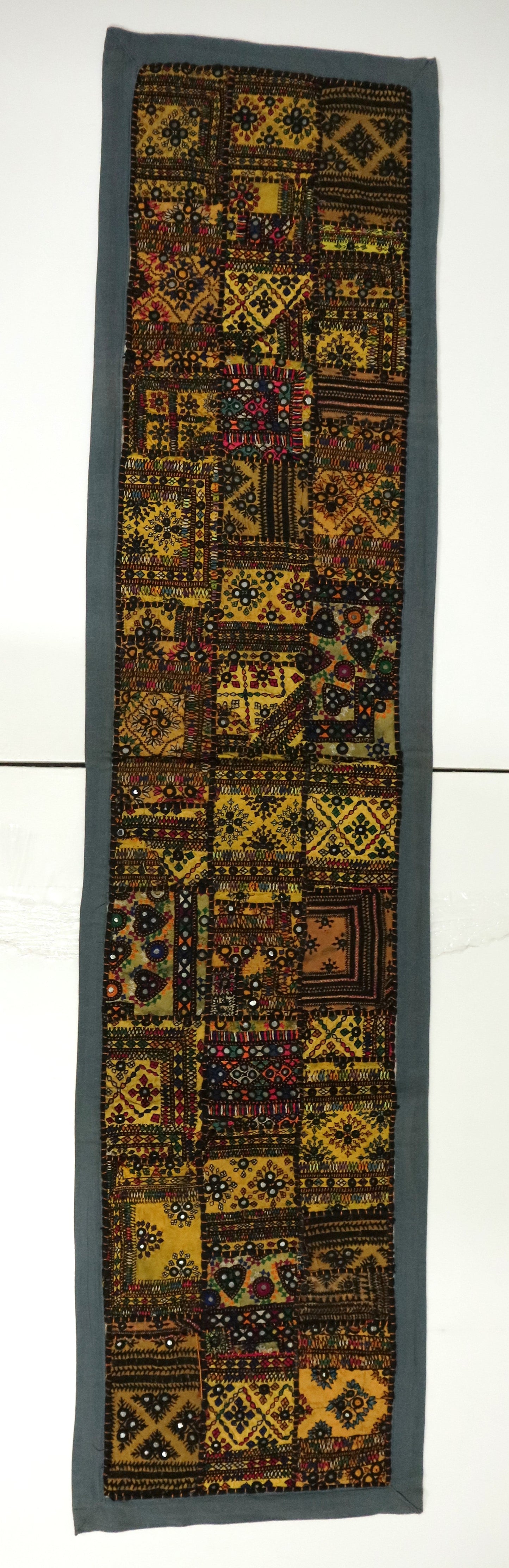 Grey Boarder Ancient Kashmiri Embroidery Patchwork Table Runner for Royal Home Décor, Boho Style