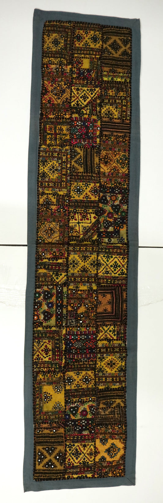Grey Boarder Ancient Kashmiri Embroidery Patchwork Table Runner for Royal Home Décor, Boho Style