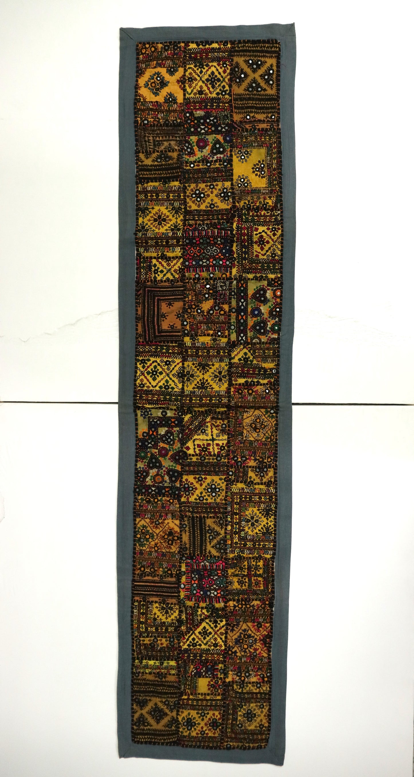 Grey Boarder Ancient Kashmiri Embroidery Patchwork Table Runner for Royal Home Décor, Boho Style