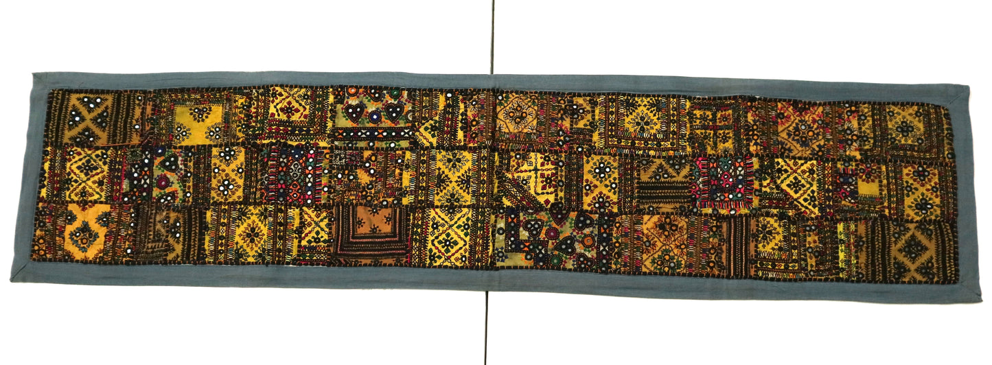 Grey Boarder Ancient Kashmiri Embroidery Patchwork Table Runner for Royal Home Décor, Boho Style
