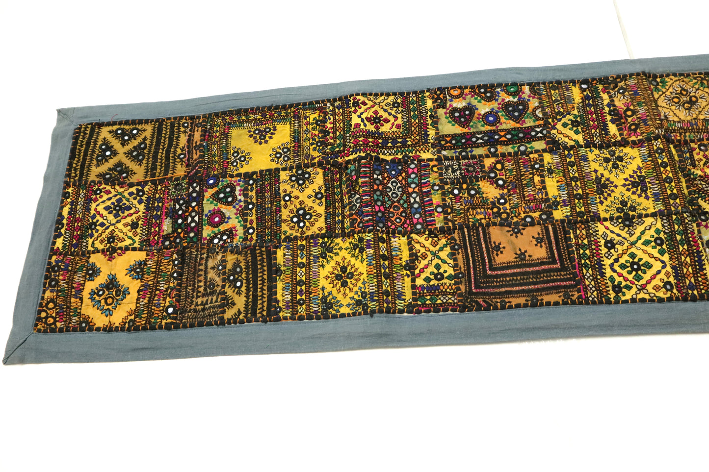 Grey Boarder Ancient Kashmiri Embroidery Patchwork Table Runner for Royal Home Décor, Boho Style