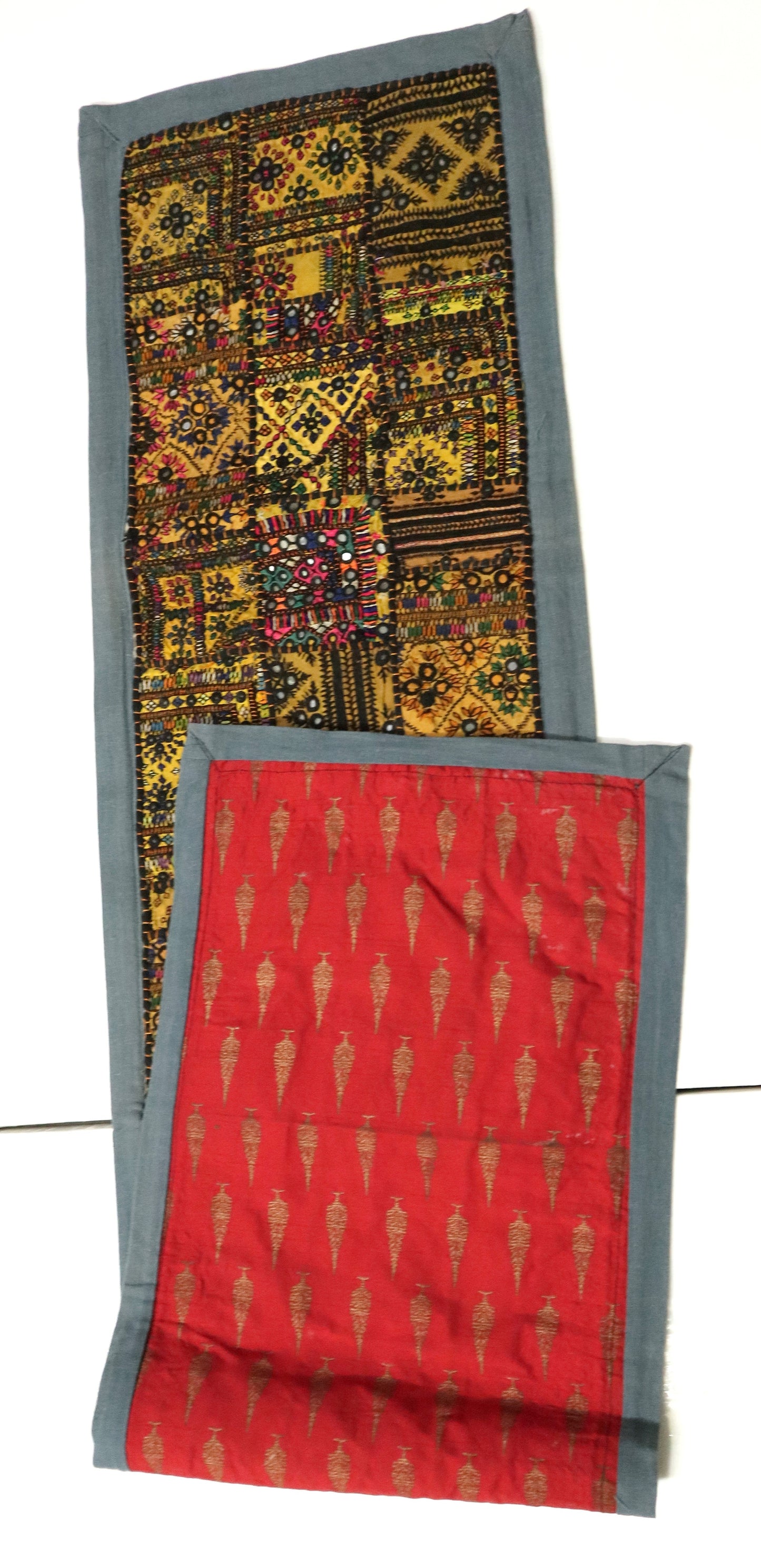 Grey Boarder Ancient Kashmiri Embroidery Patchwork Table Runner for Royal Home Décor, Boho Style