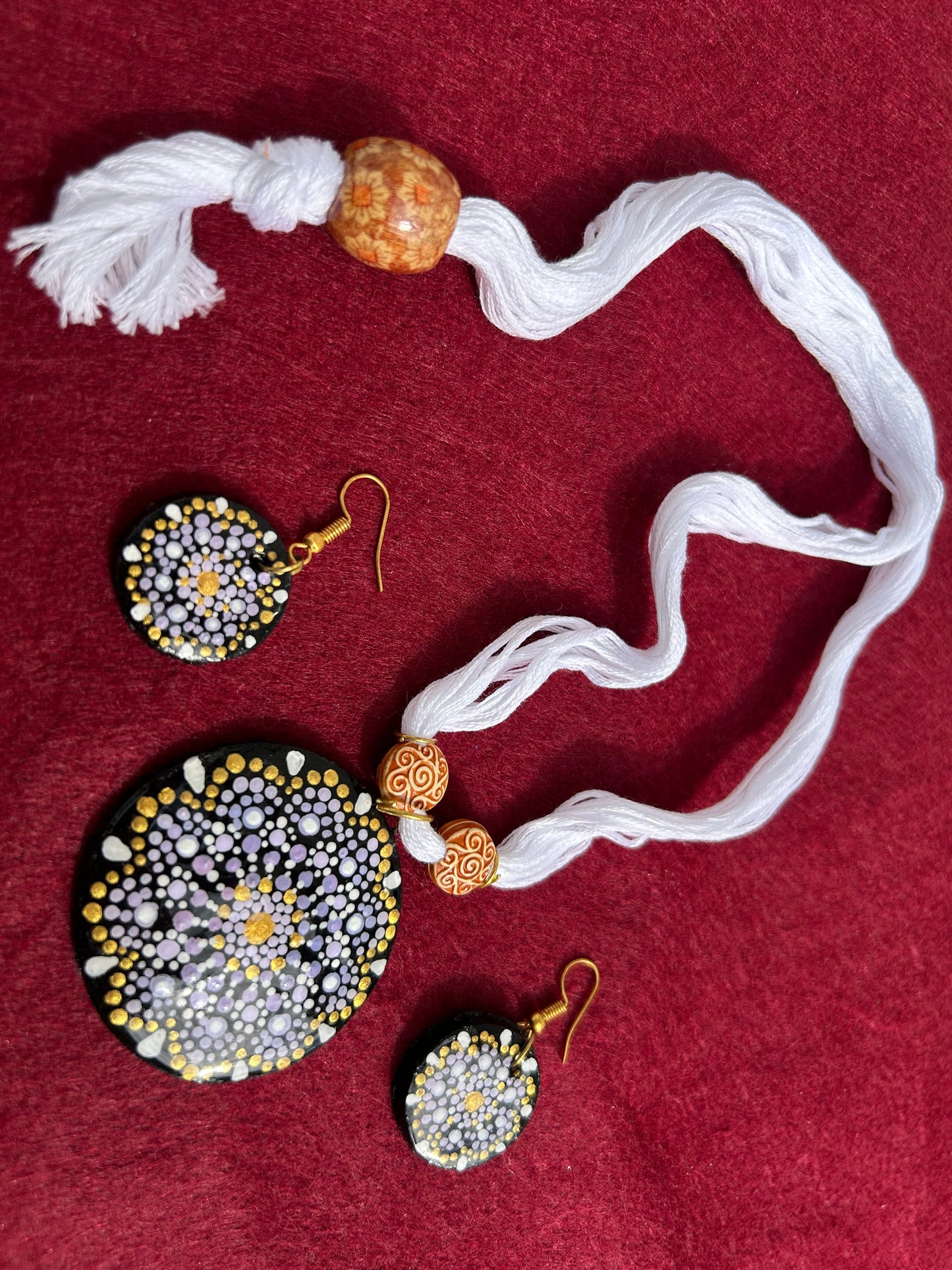 Ethnic Artistic Hand Painted Eco-Friendly White Doted Mandala Clay Jewellery Set