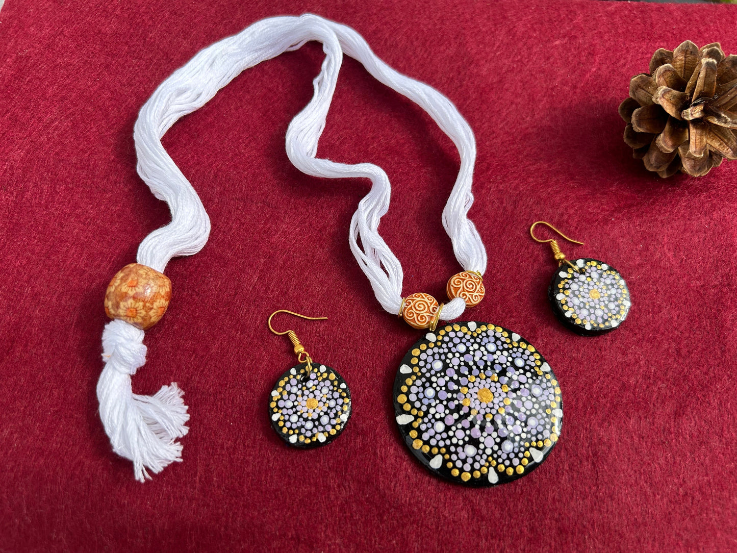 Ethnic Artistic Hand Painted Eco-Friendly White Doted Mandala Clay Jewellery Set