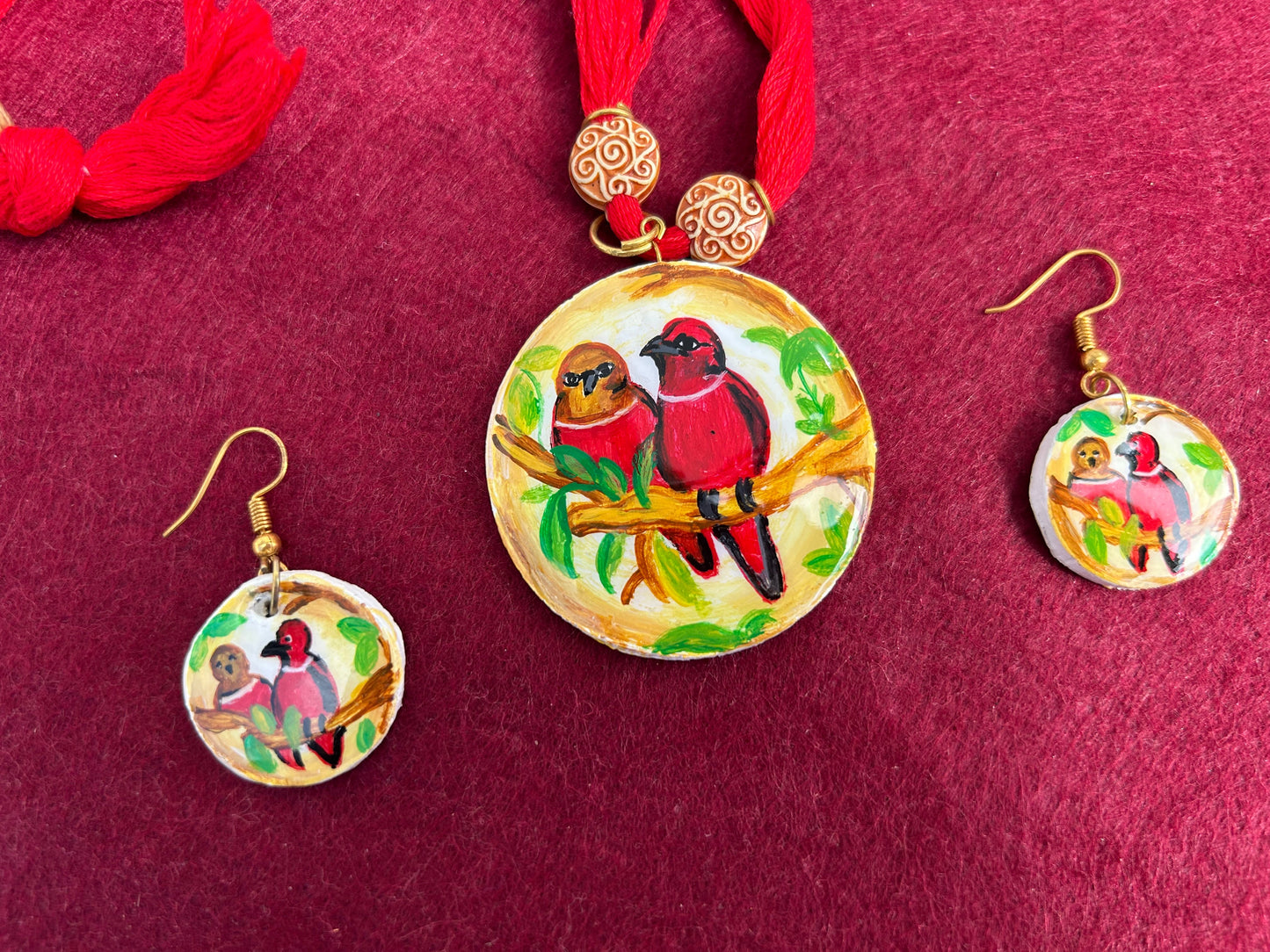 Ethnic Artistic Hand Painted Eco-Friendly Two Birds Design Clay Jewellery Set