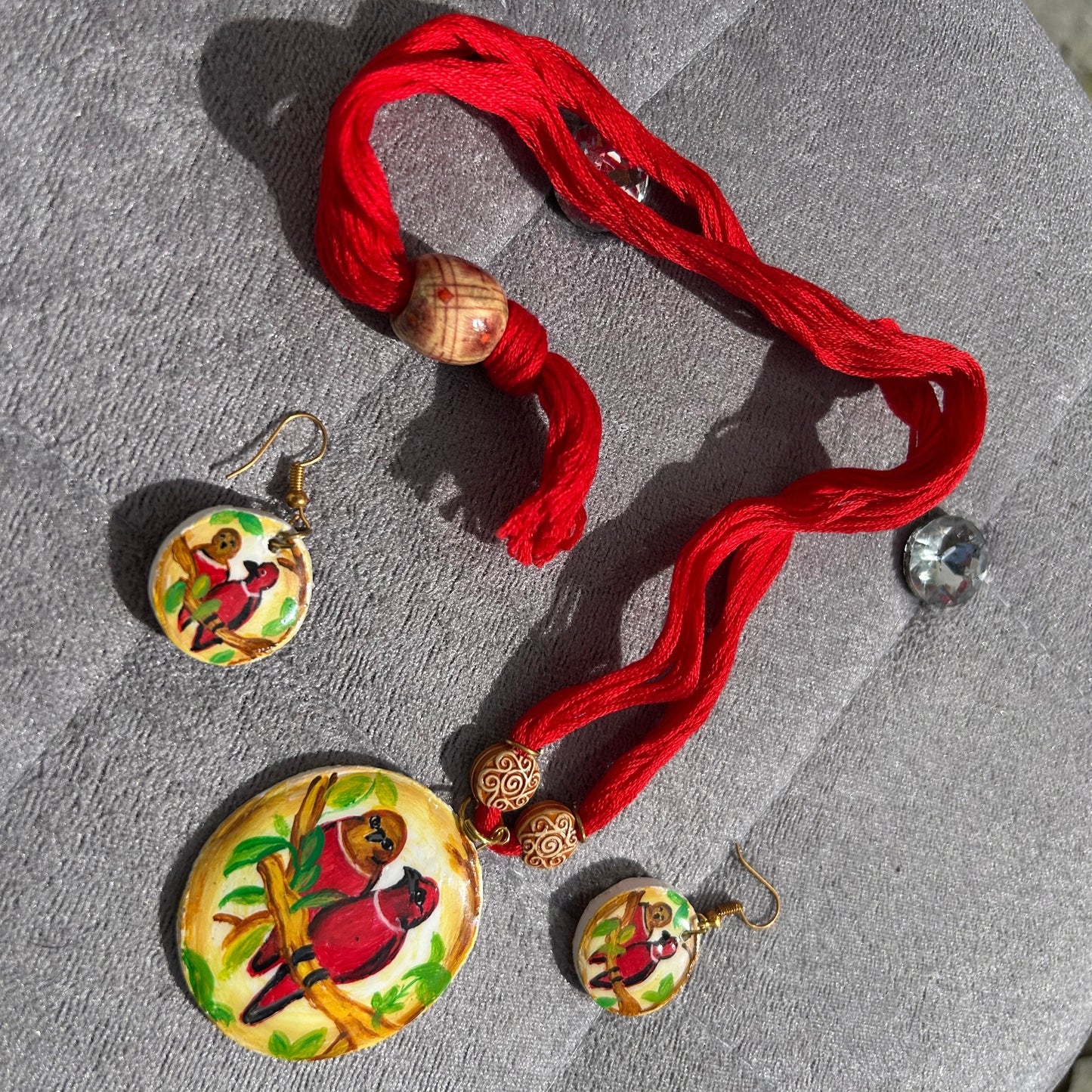 Ethnic Artistic Hand Painted Eco-Friendly Two Birds Design Clay Jewellery Set
