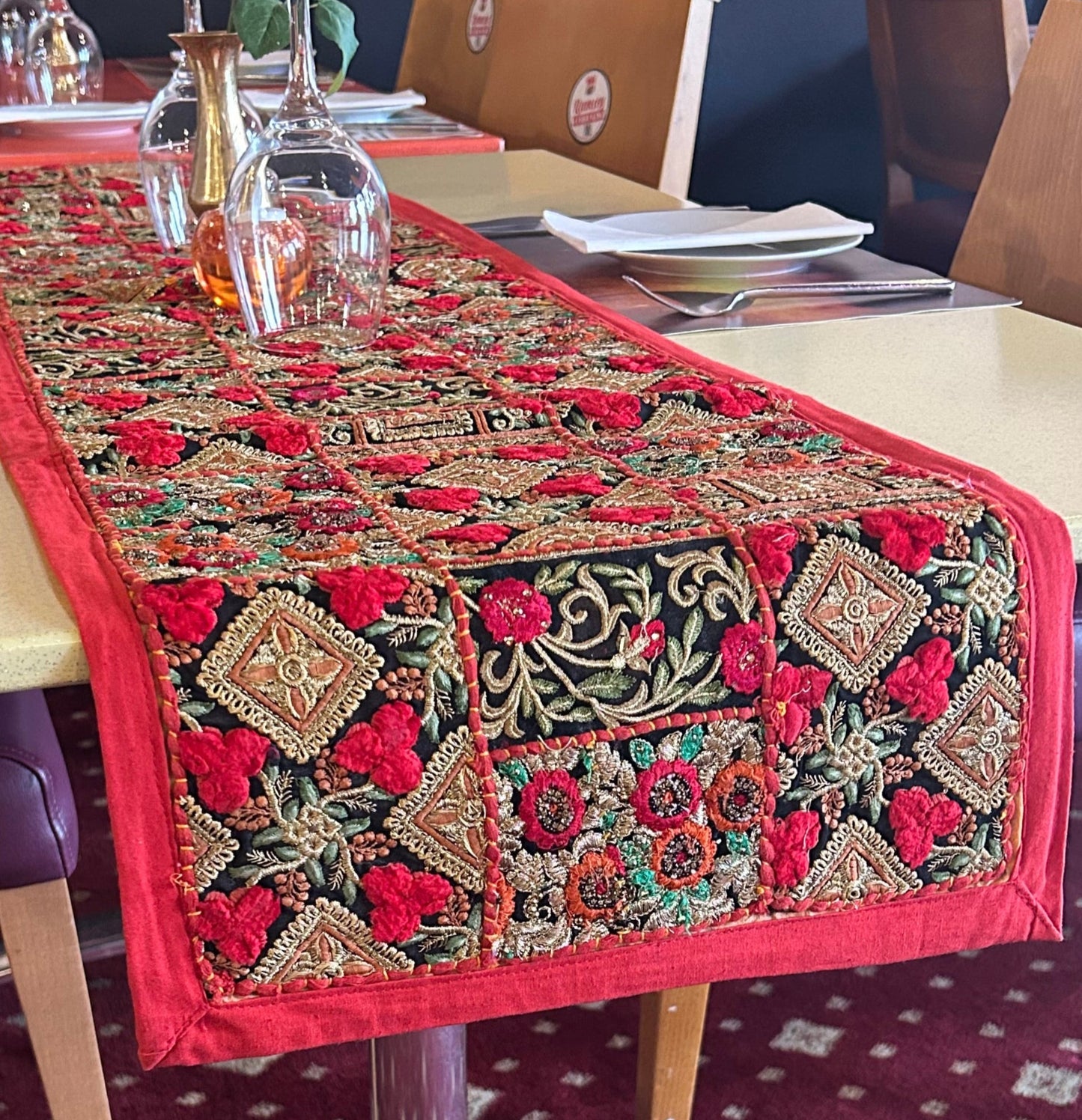 Red Boarder Ethnic Patchwork Table Runner for Royal Home Décor