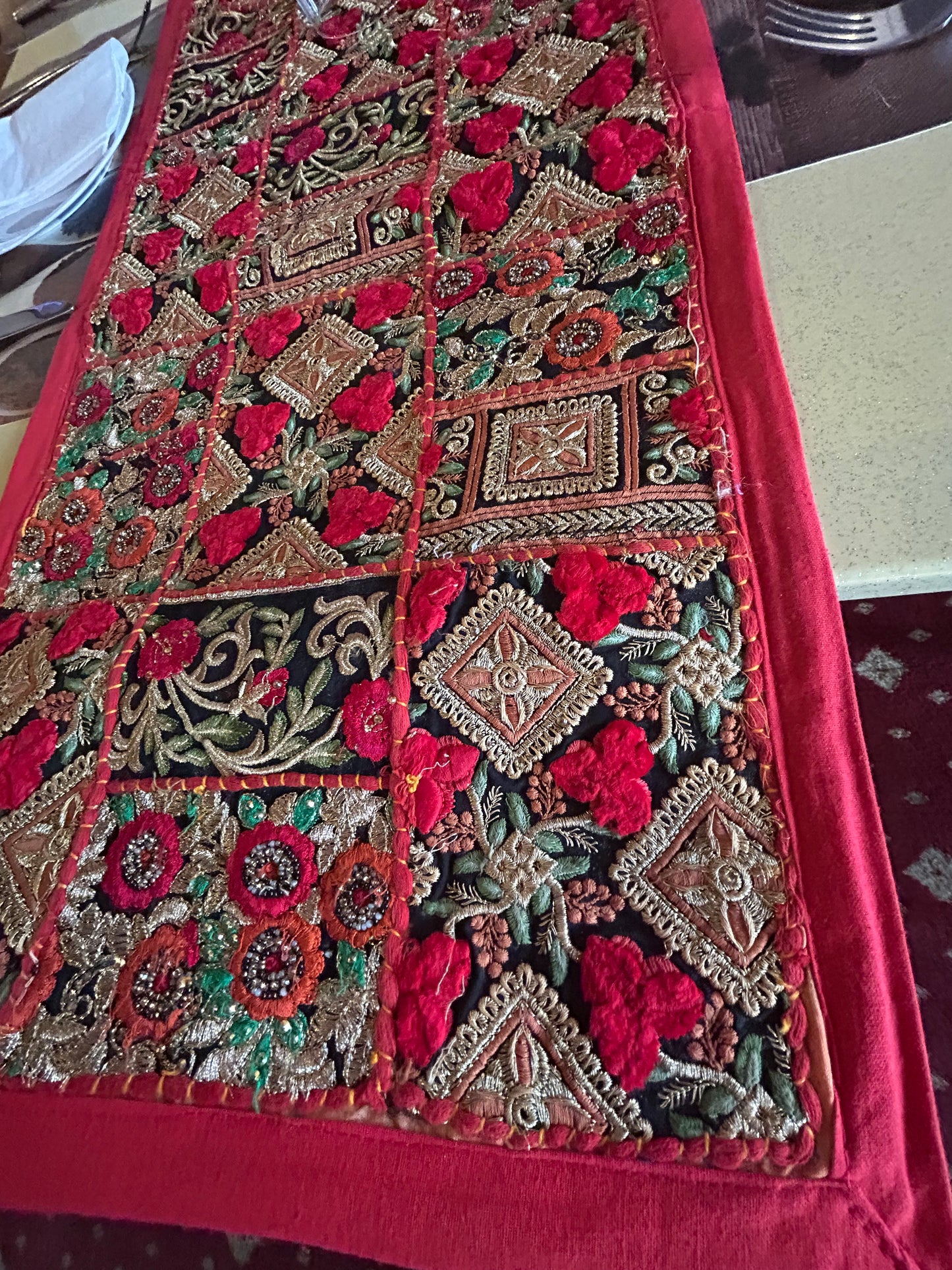 Red Boarder Ethnic Patchwork Table Runner for Royal Home Décor