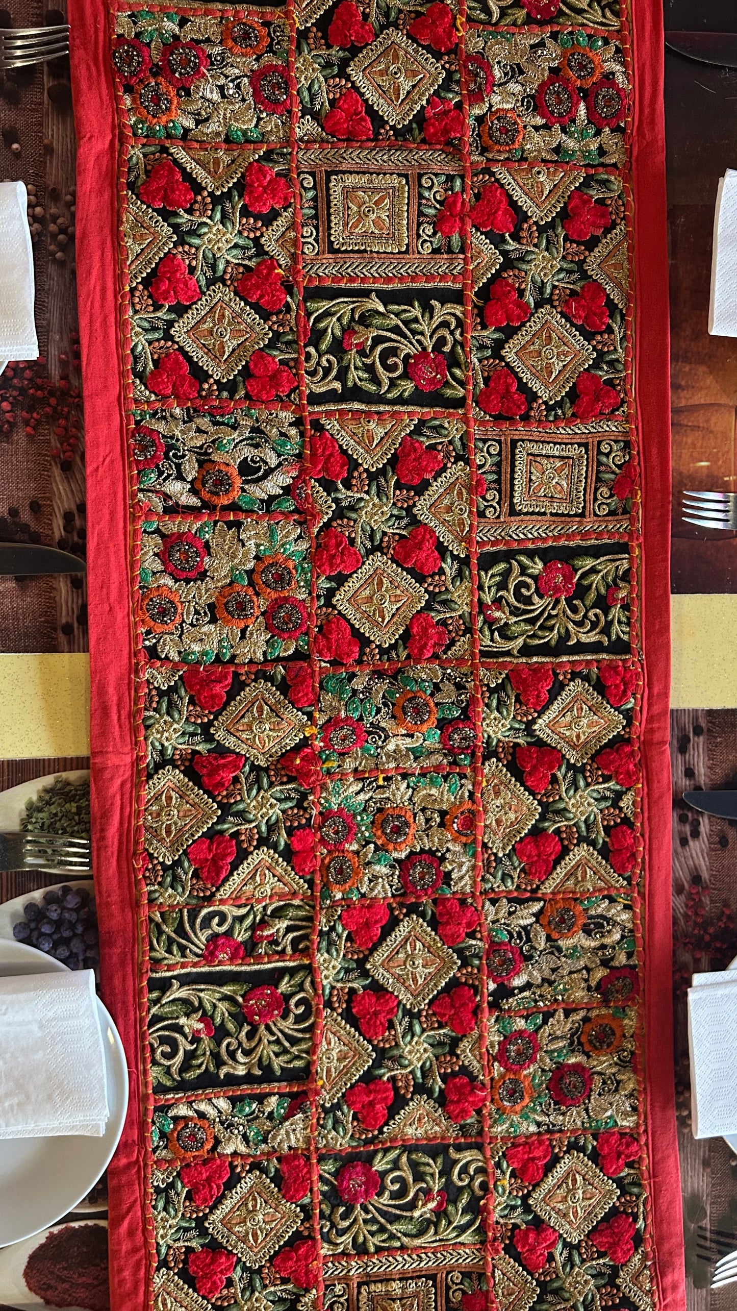 Red Boarder Ethnic Patchwork Table Runner for Royal Home Décor
