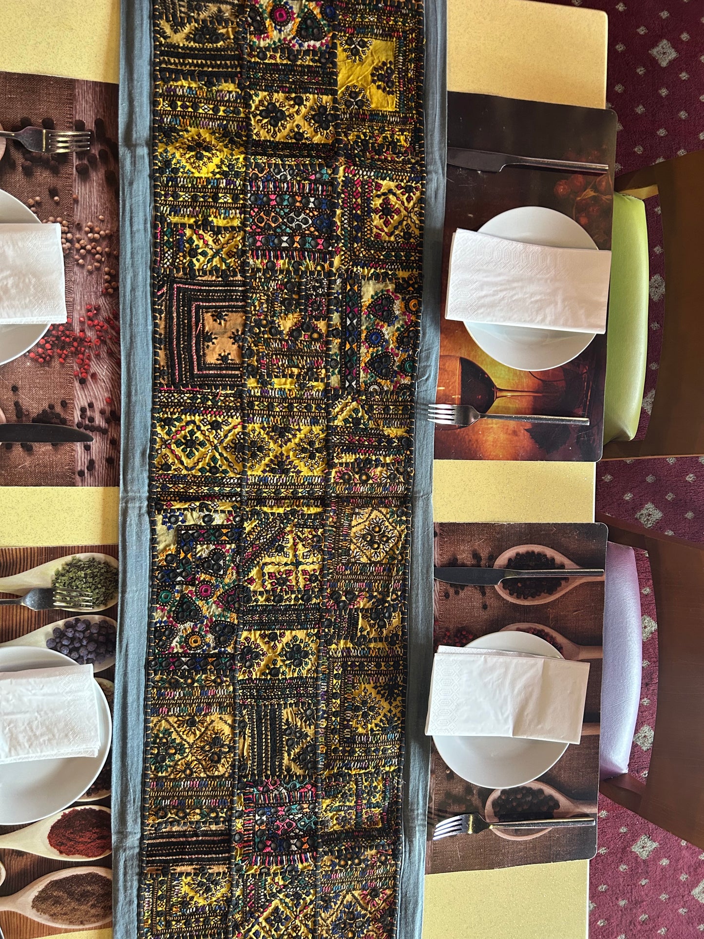 Grey Boarder Ancient Kashmiri Embroidery Patchwork Table Runner for Royal Home Décor, Boho Style