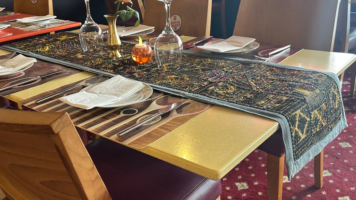 Grey Boarder Ancient Kashmiri Embroidery Patchwork Table Runner for Royal Home Décor, Boho Style