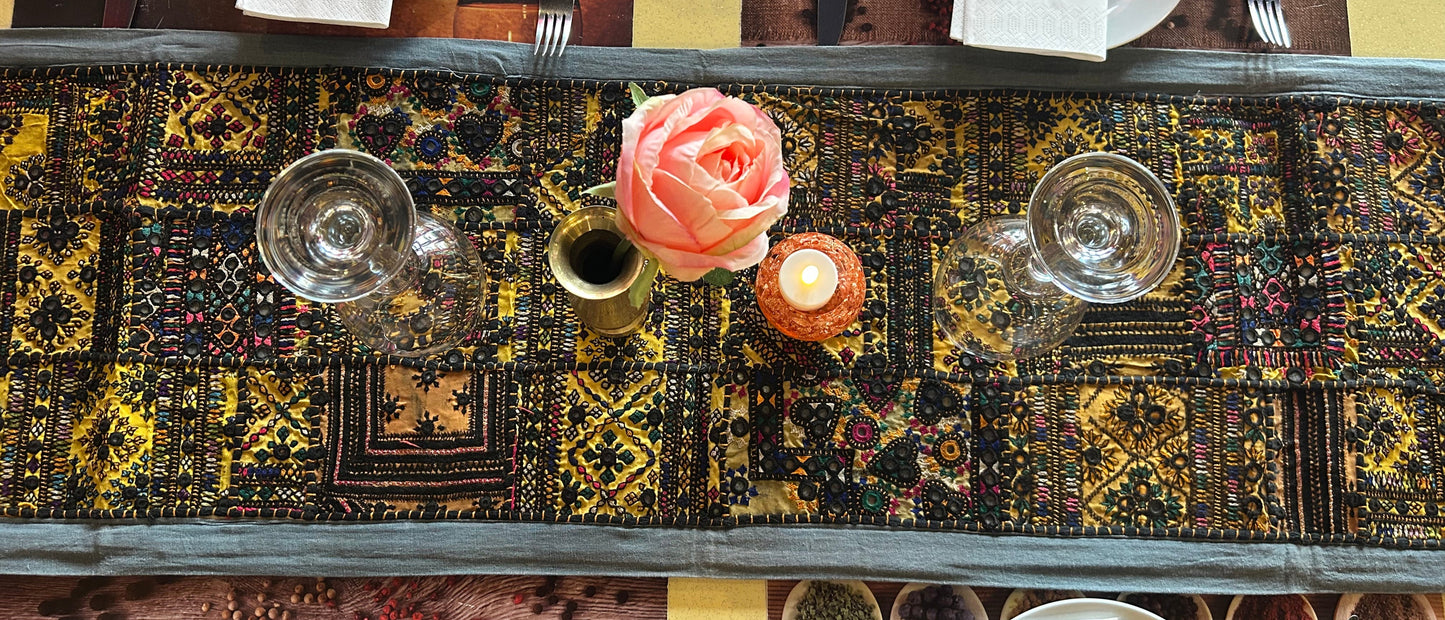 Grey Boarder Ancient Kashmiri Embroidery Patchwork Table Runner for Royal Home Décor, Boho Style