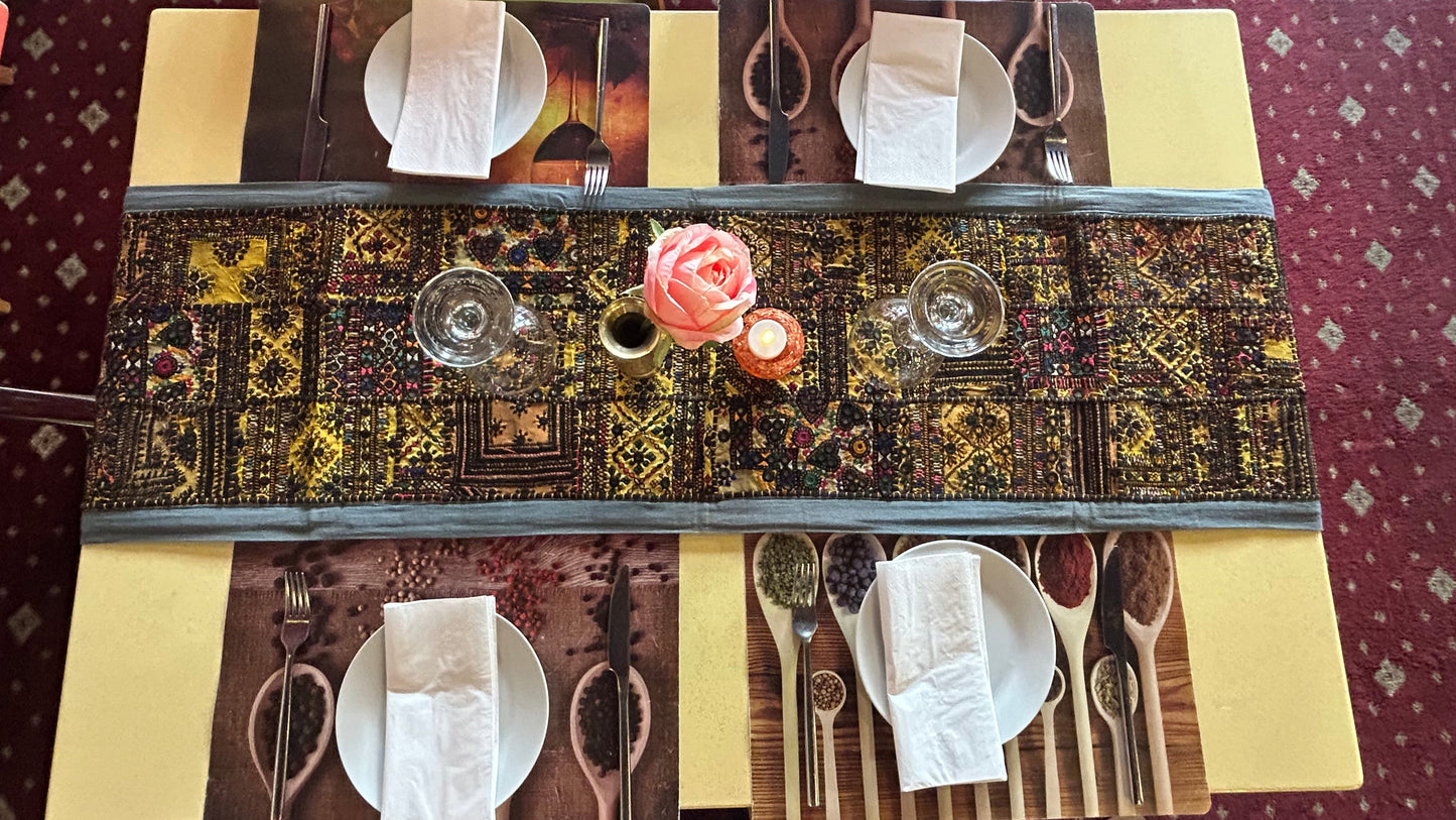 Grey Boarder Ancient Kashmiri Embroidery Patchwork Table Runner for Royal Home Décor, Boho Style