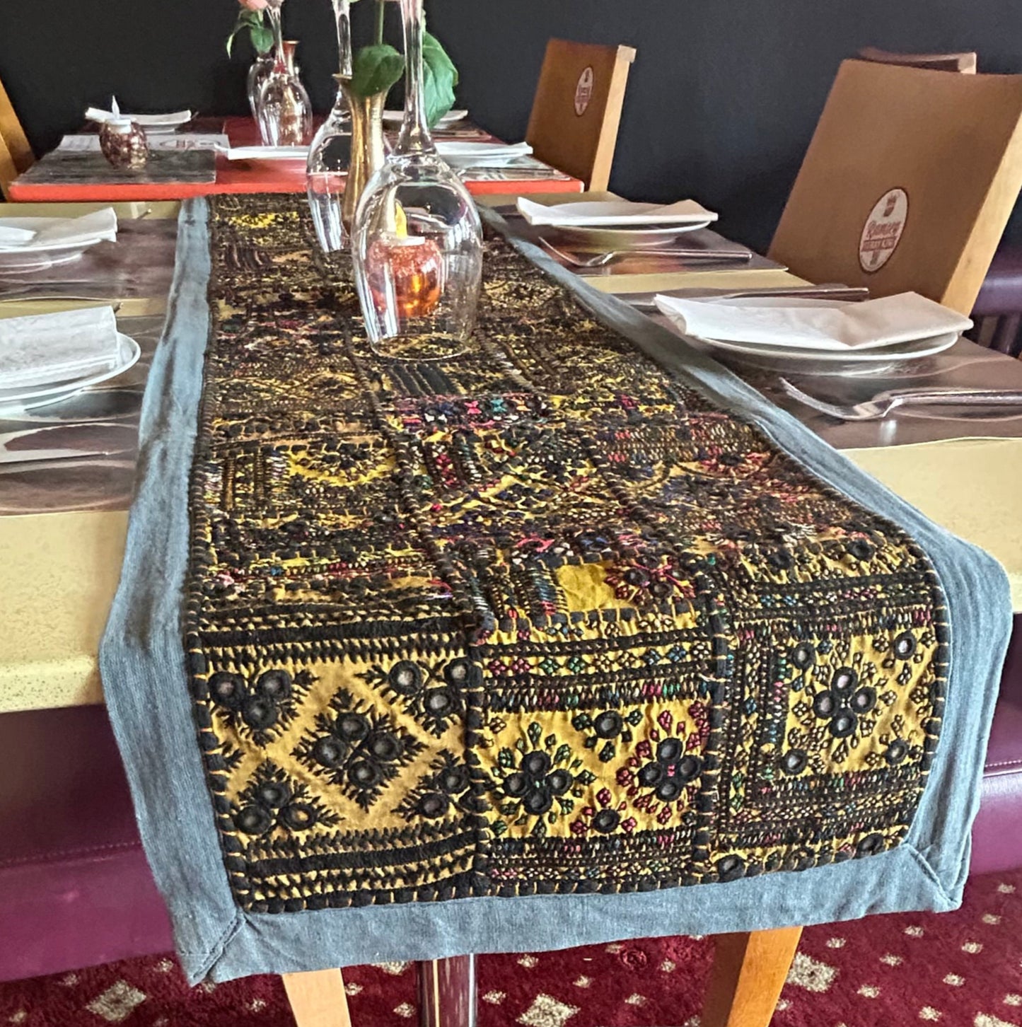 Grey Boarder Ancient Kashmiri Embroidery Patchwork Table Runner for Royal Home Décor, Boho Style