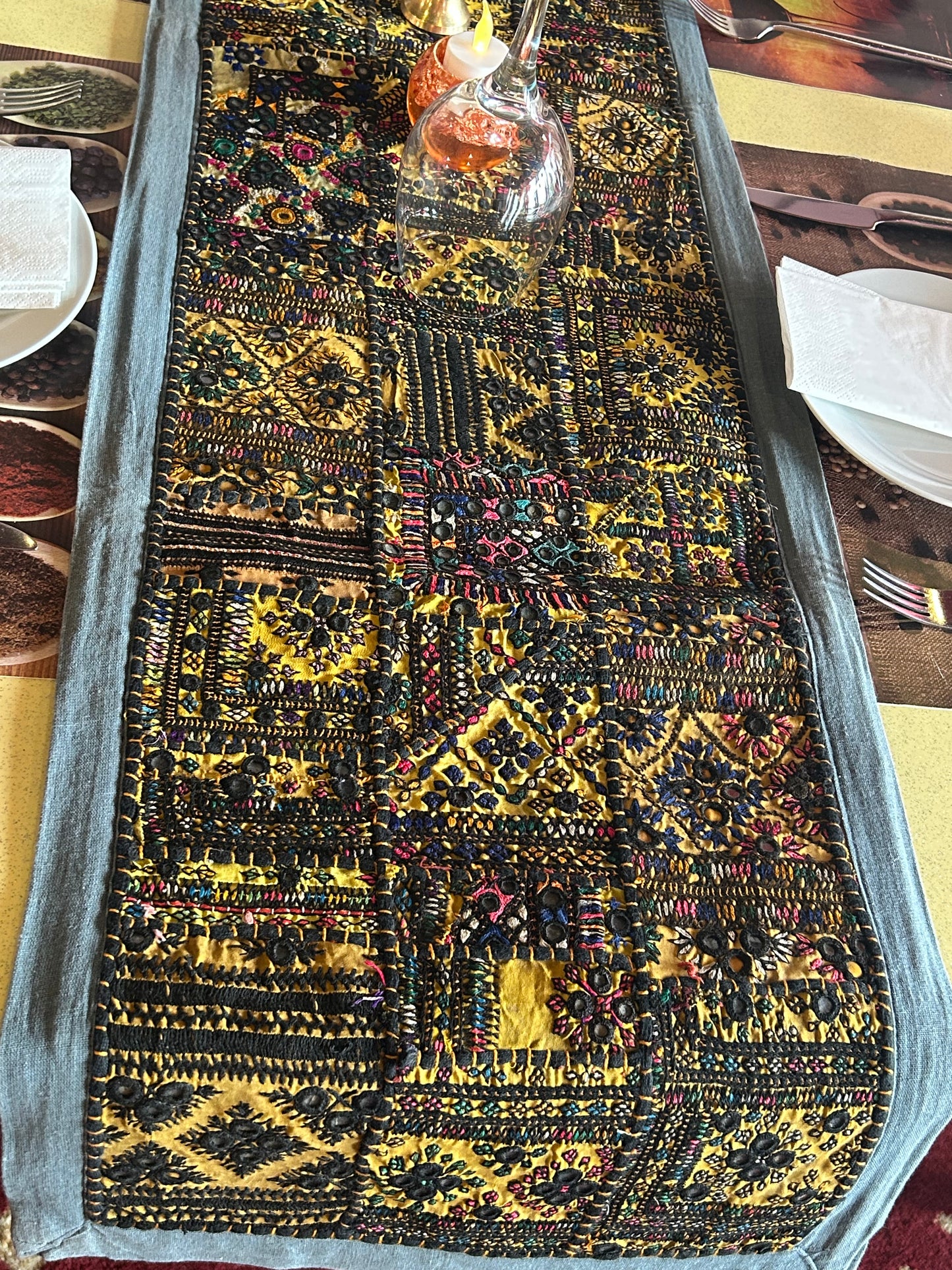 Grey Boarder Ancient Kashmiri Embroidery Patchwork Table Runner for Royal Home Décor, Boho Style