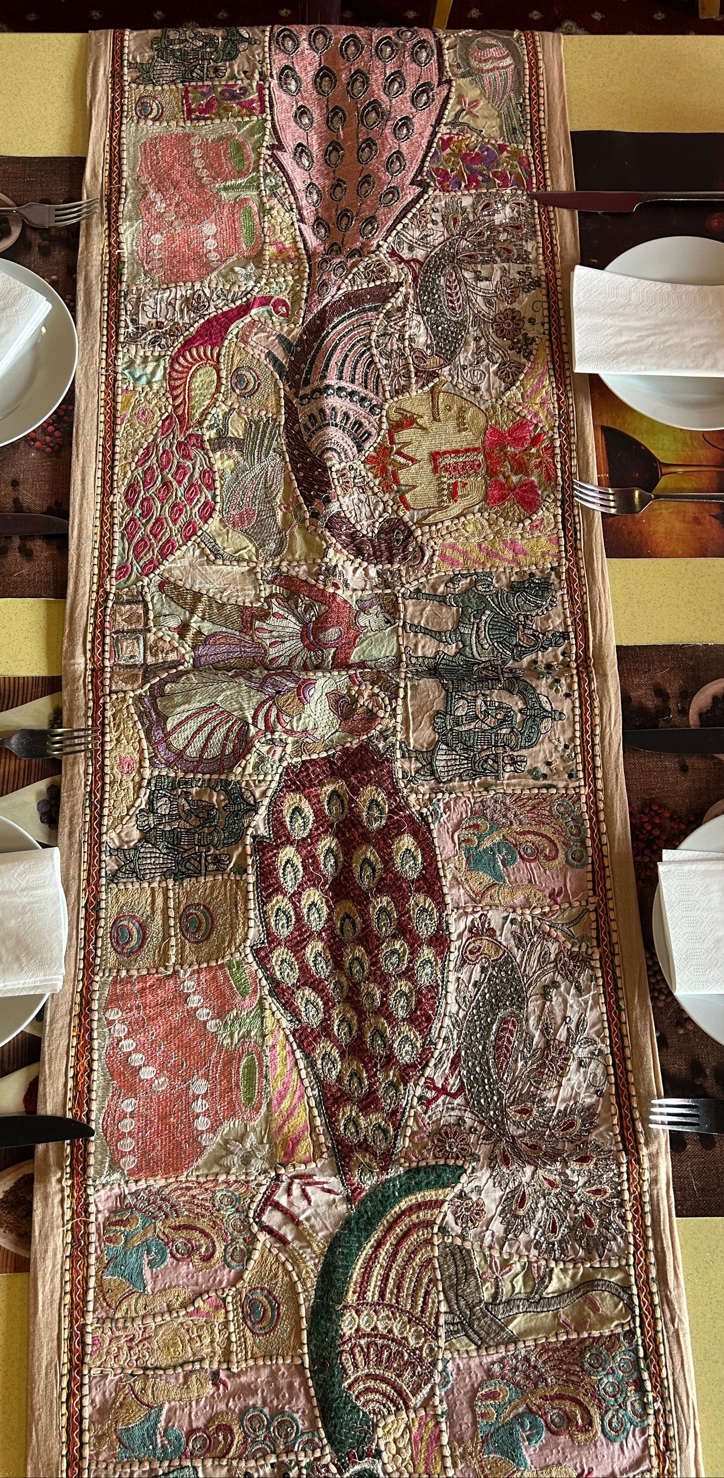 Peacock Design Ethnic Patchwork Table Runner for Royal Home Décor, Boho Style