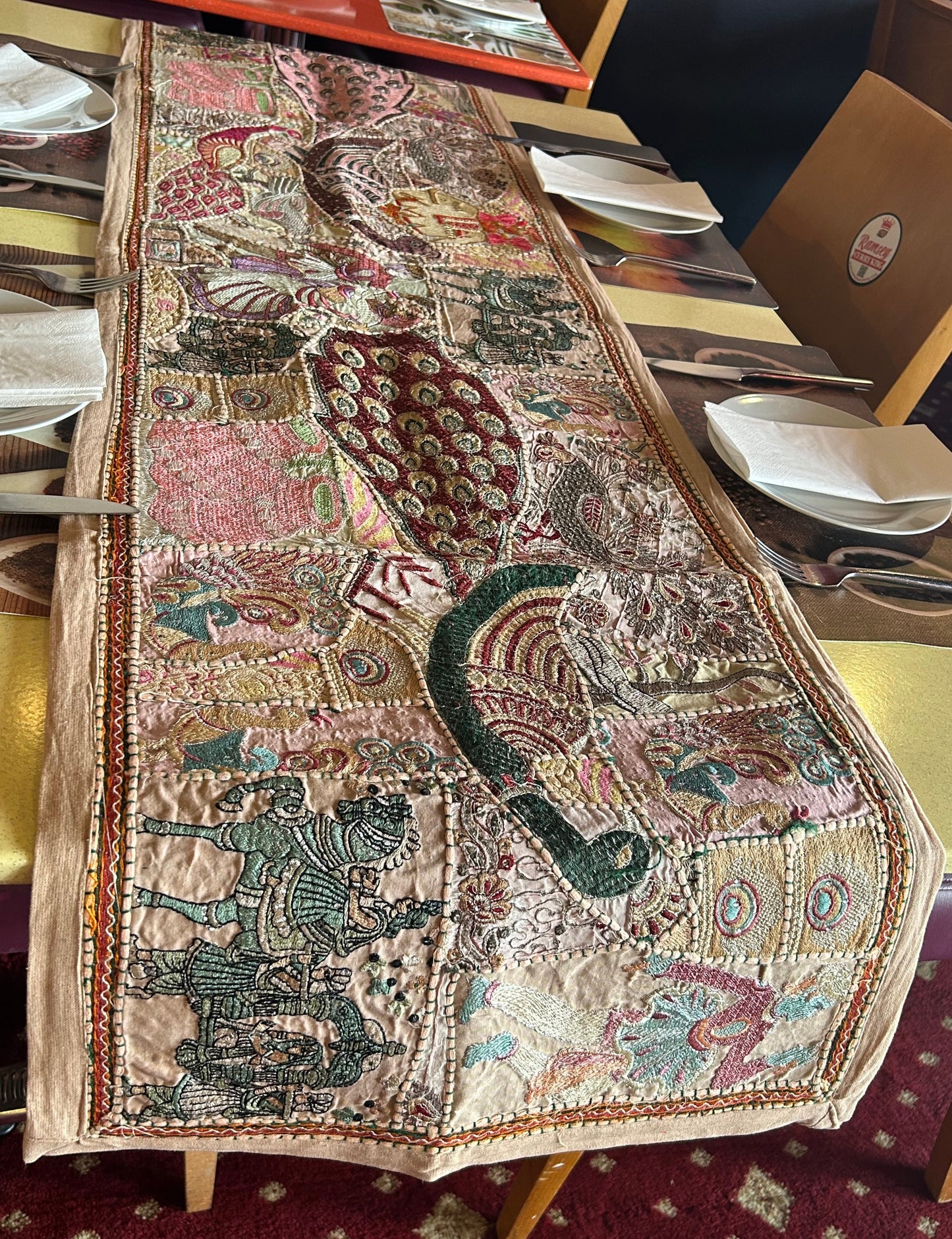 Peacock Design Ethnic Patchwork Table Runner for Royal Home Décor, Boho Style