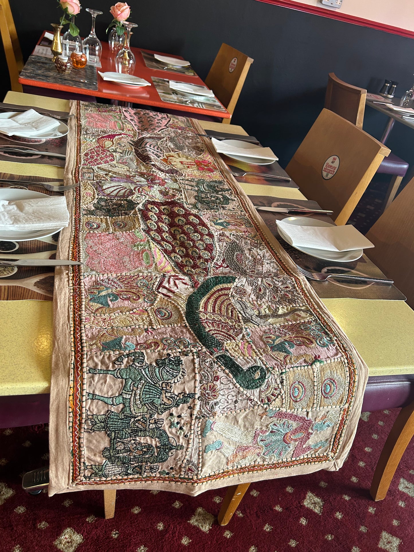 Peacock Design Ethnic Patchwork Table Runner for Royal Home Décor, Boho Style