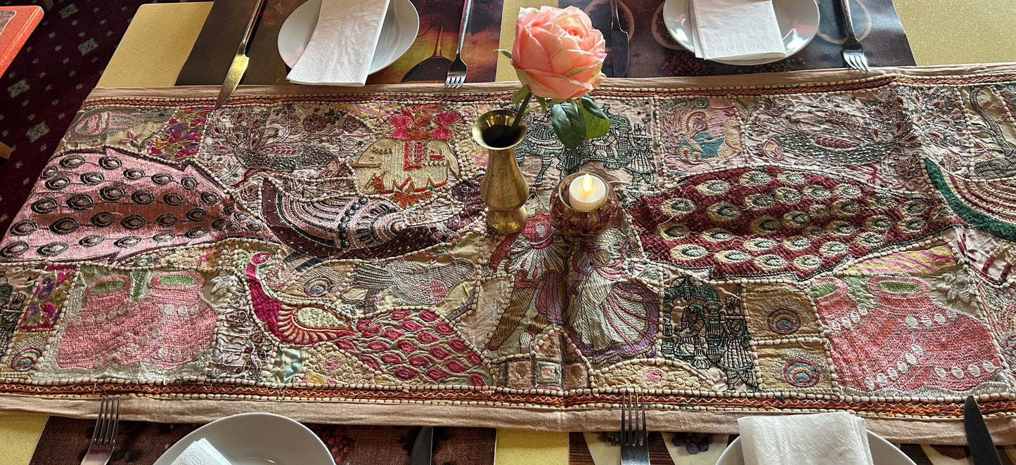 Peacock Design Ethnic Patchwork Table Runner for Royal Home Décor, Boho Style