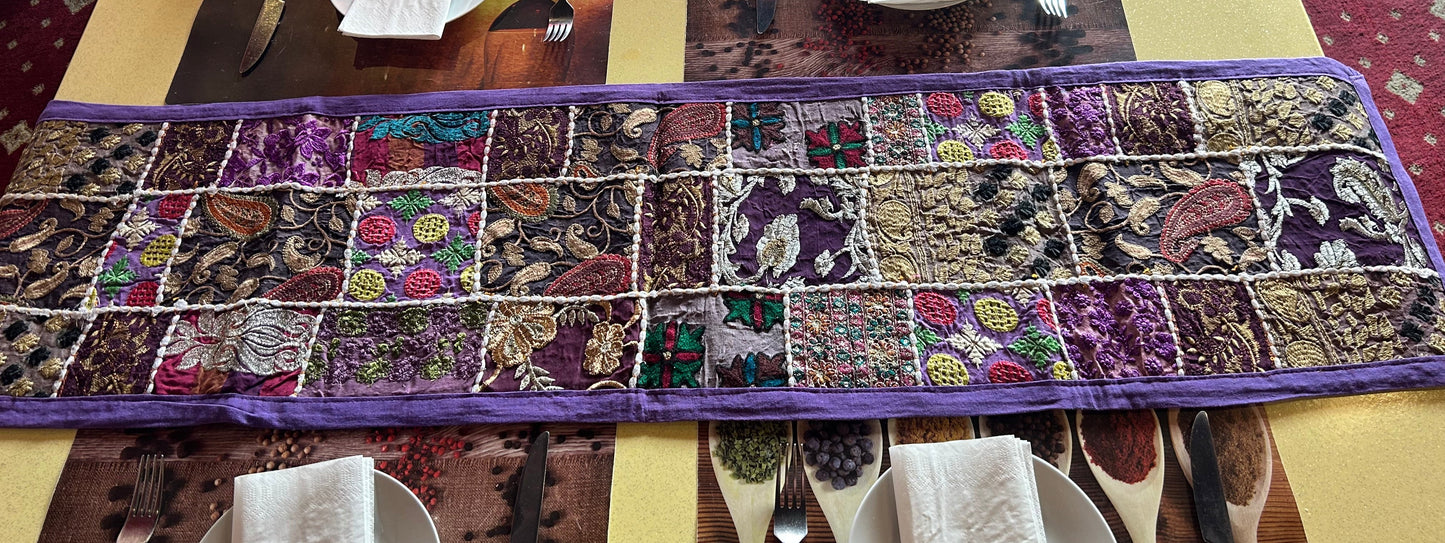 Purple Boarder Ethnic Patchwork Table Runner for Royal Home Décor, Boho Style