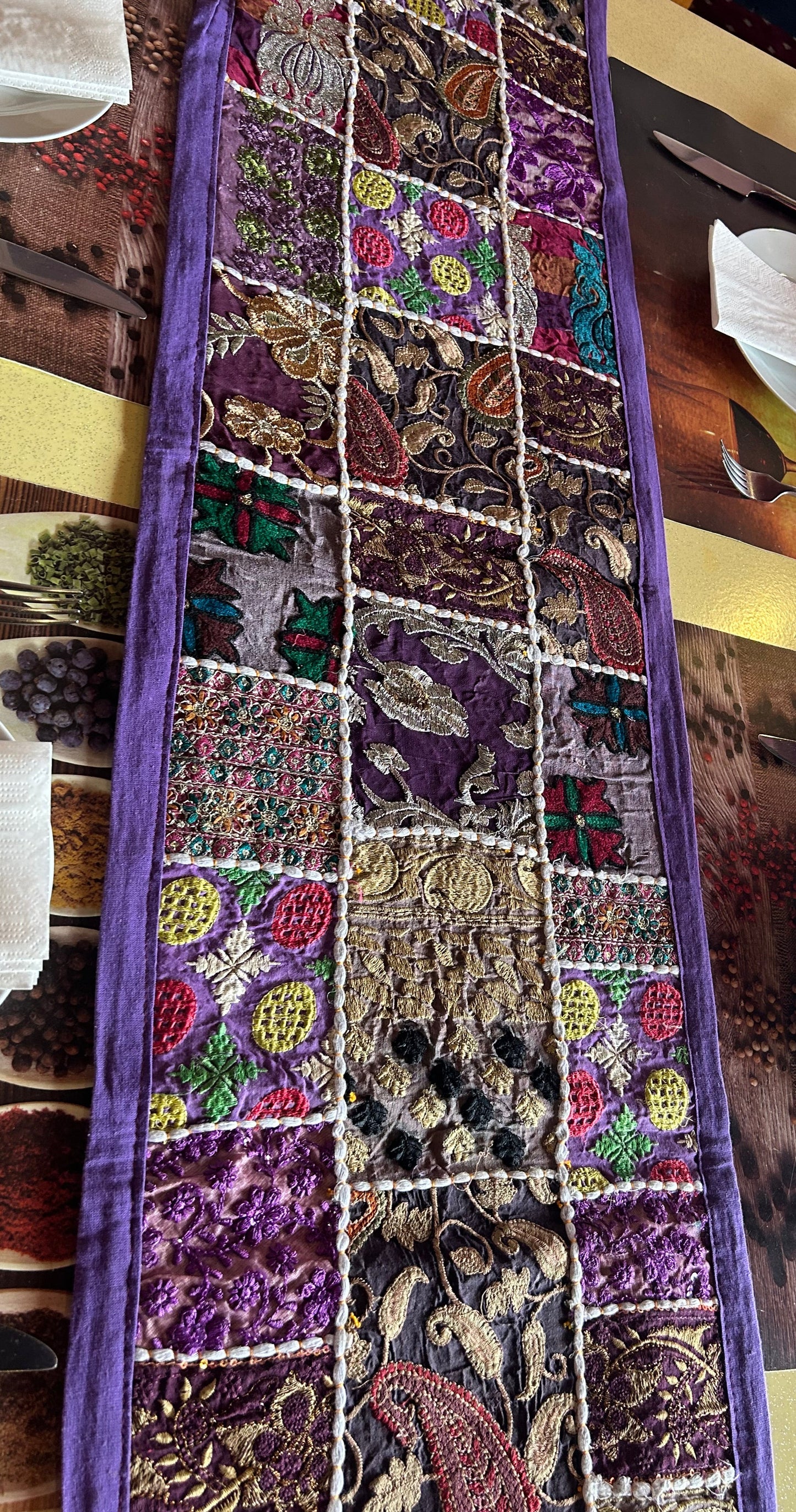 Purple Boarder Ethnic Patchwork Table Runner for Royal Home Décor, Boho Style